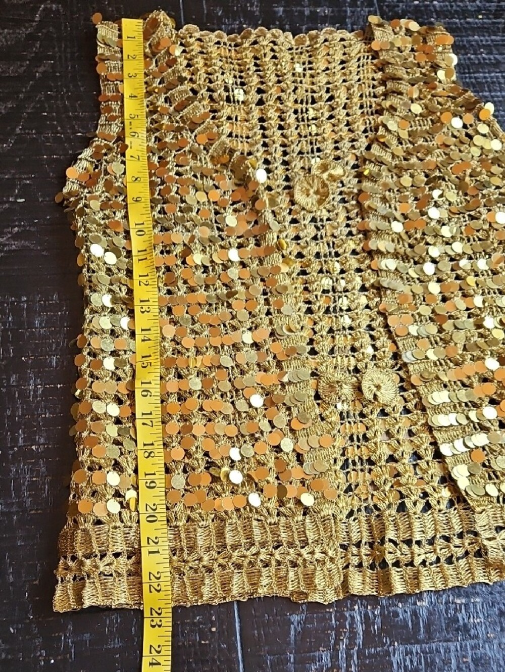 Vintage Women's Gold Sequin Crochet Vest - Shimmering Open-Knit Layer - Picture 15 of 17